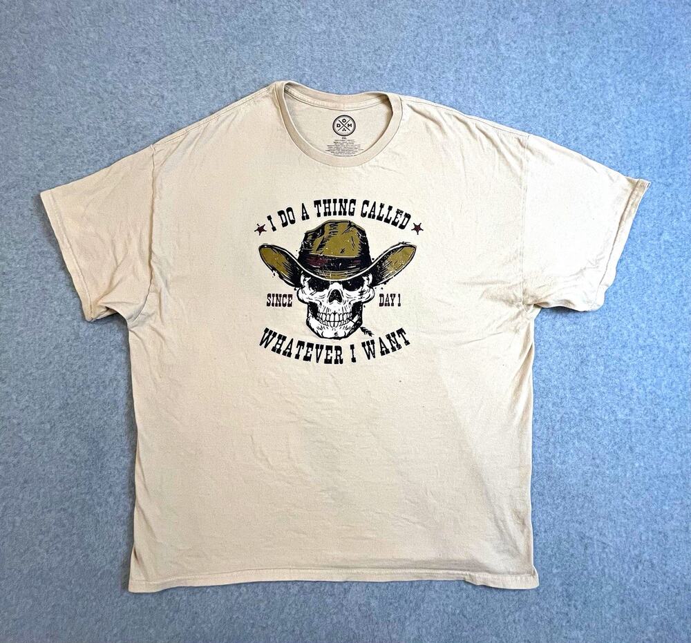 DOM Men's T-Shirt 2XL Beige Short Sleeve Crew Neck Skull Cowboy Graphic